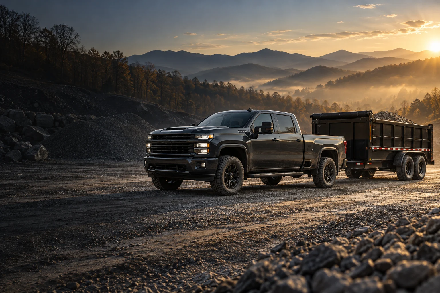 Illustrative heavy-duty pickup and dump trailer in the North Carolina foothills